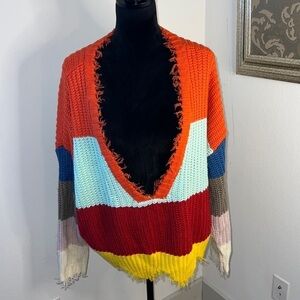 BiBi striped fringe distressed edges long sleeves cropped low V cleavage sweater
